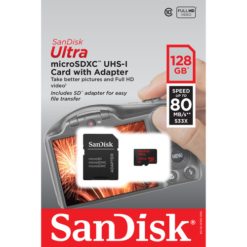 SanDisk micro sd Ultra 128GB + Adapter.  A1 100/667