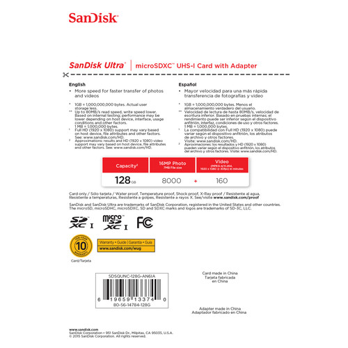 SanDisk Ultra 128GB Class 10 MicroSDXC Memory Card - SDSQUNC-128G-AN6IA